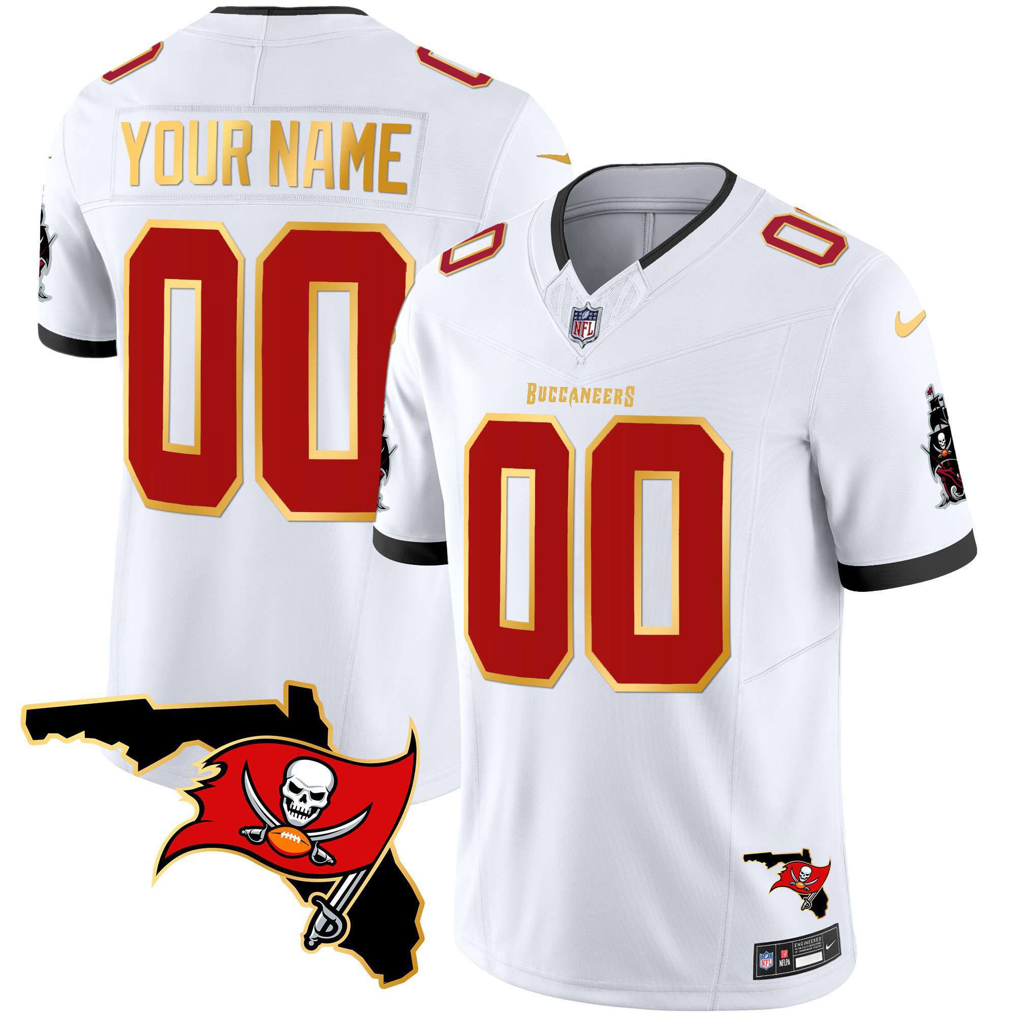 Men Tampa Bay Buccaneers White 2024 Nike Florida Patch Gold Trim Vapor Custom NFL Jersey
